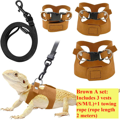 Bearded Dragon Harness and Leash Set, 3 Size Adjustable Soft Leather Reptile Leash, Lizard Harness with Retractable