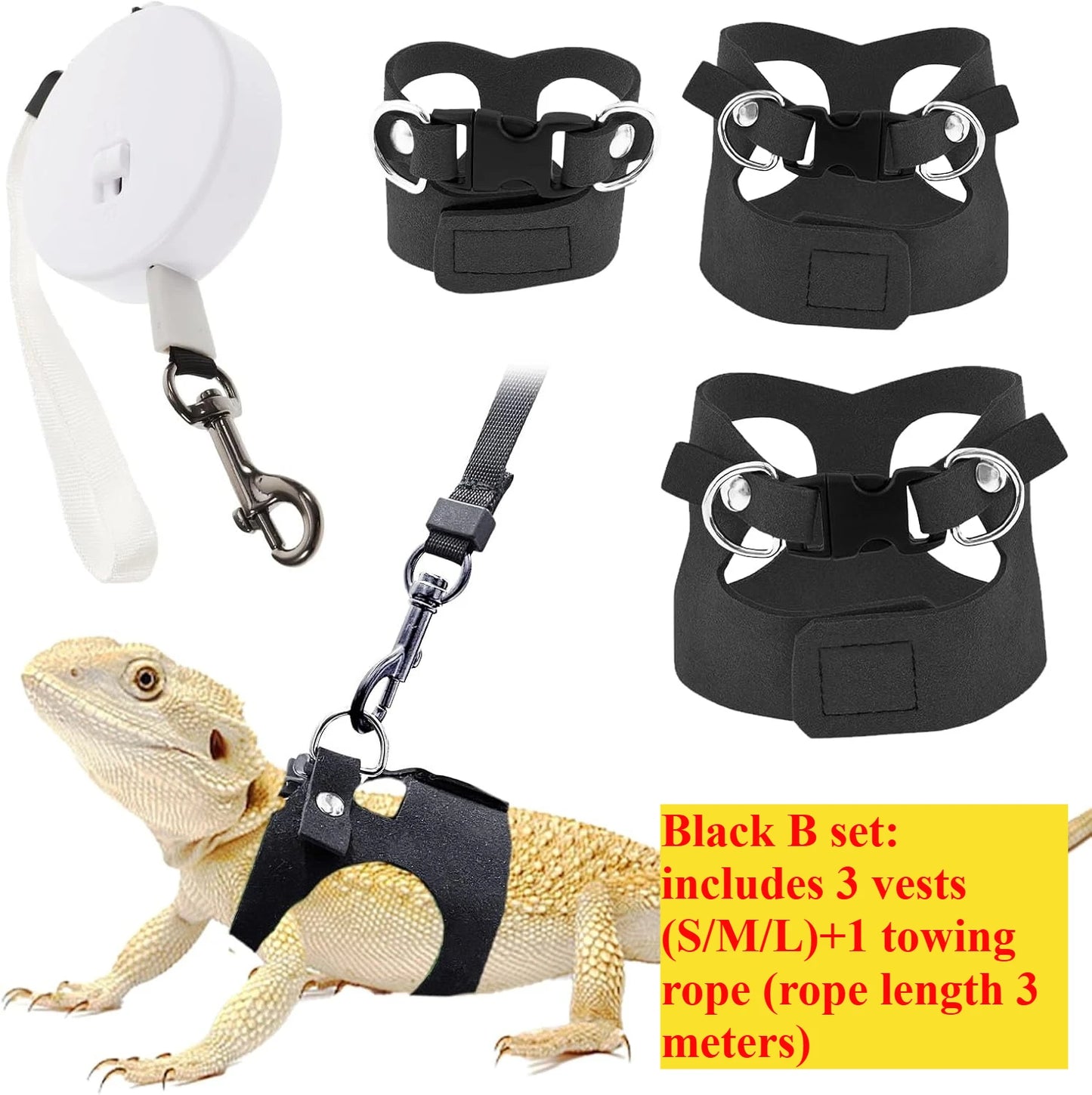 Bearded Dragon Harness and Leash Set, 3 Size Adjustable Soft Leather Reptile Leash, Lizard Harness with Retractable