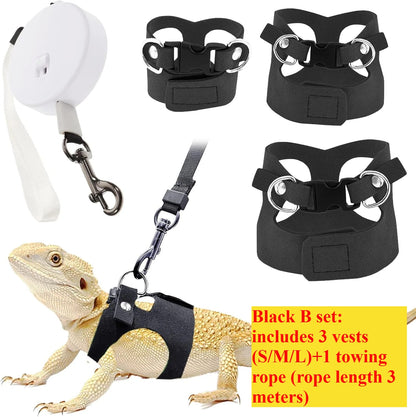 Bearded Dragon Harness and Leash Set, 3 Size Adjustable Soft Leather Reptile Leash, Lizard Harness with Retractable