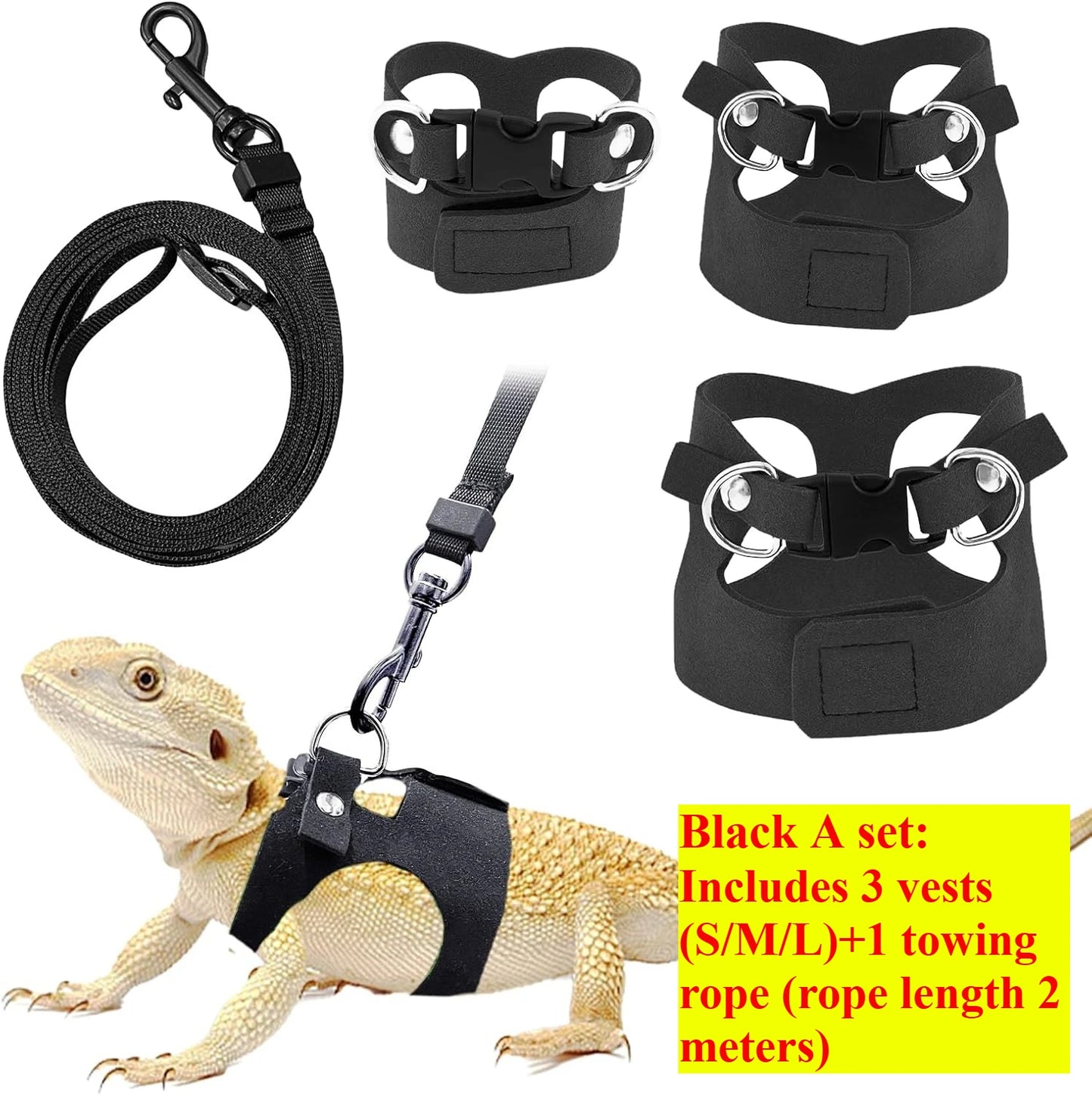 Bearded Dragon Harness and Leash Set, 3 Size Adjustable Soft Leather Reptile Leash, Lizard Harness with Retractable