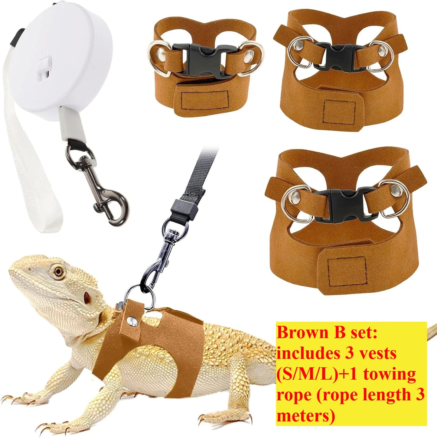 Bearded Dragon Harness and Leash Set, 3 Size Adjustable Soft Leather Reptile Leash, Lizard Harness with Retractable