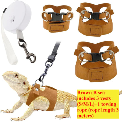 Bearded Dragon Harness and Leash Set, 3 Size Adjustable Soft Leather Reptile Leash, Lizard Harness with Retractable