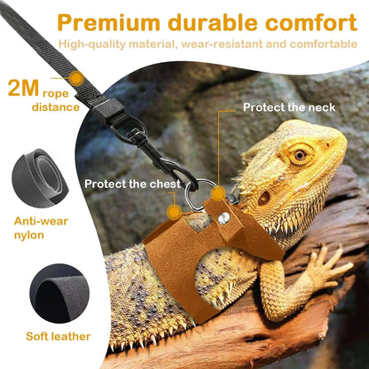 Bearded Dragon Harness and Leash Set, 3 Size Adjustable Soft Leather Reptile Leash, Lizard Harness with Retractable