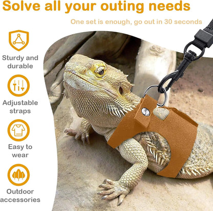Bearded Dragon Harness and Leash Set, 3 Size Adjustable Soft Leather Reptile Leash, Lizard Harness with Retractable