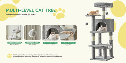 JHK 44In Cat Tree Tall Multi-Cat Climbing Tower for Pet Furniture Natural Sisal Scratching Posts