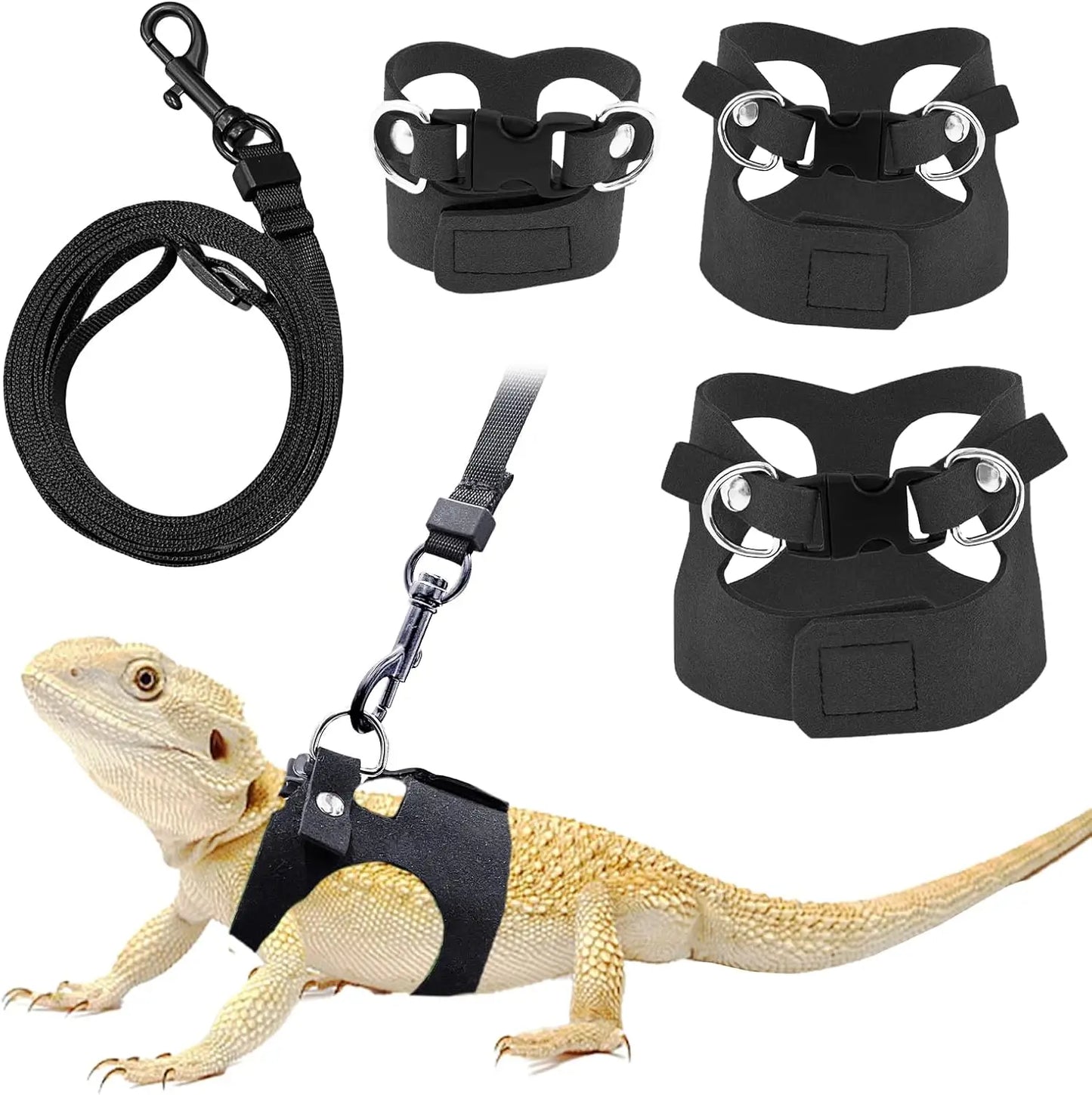 Bearded Dragon Harness and Leash Set, 3 Size Adjustable Soft Leather Reptile Leash, Lizard Harness with Retractable