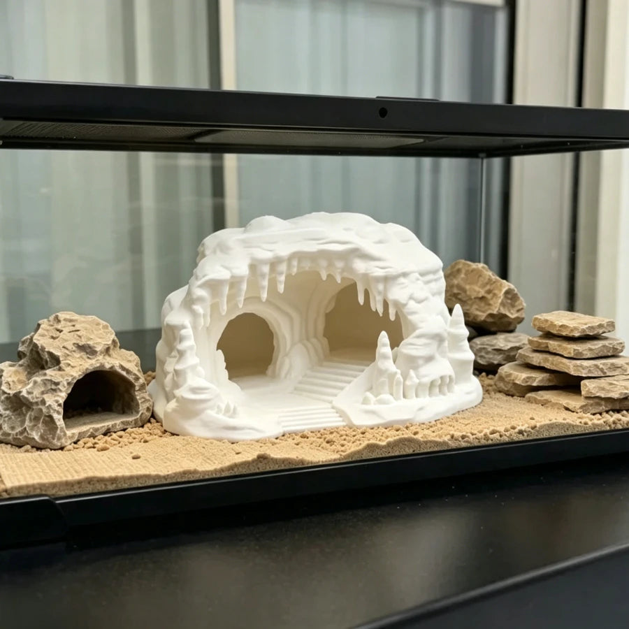 Ice Cave Reptile Hideout Terrarium Decor Gecko Lizard Snake Shelter with Ladder 3D Printed Habitat Ornament for Amphibians