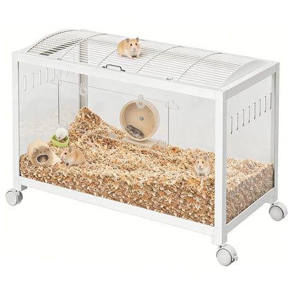 Hamster Cage with Wheels,Metal & Acrylic Habitat for Hamster,Guinea Pig,Gerbil,Mice,Chew-Proof, Dual Doors, Easy Clean